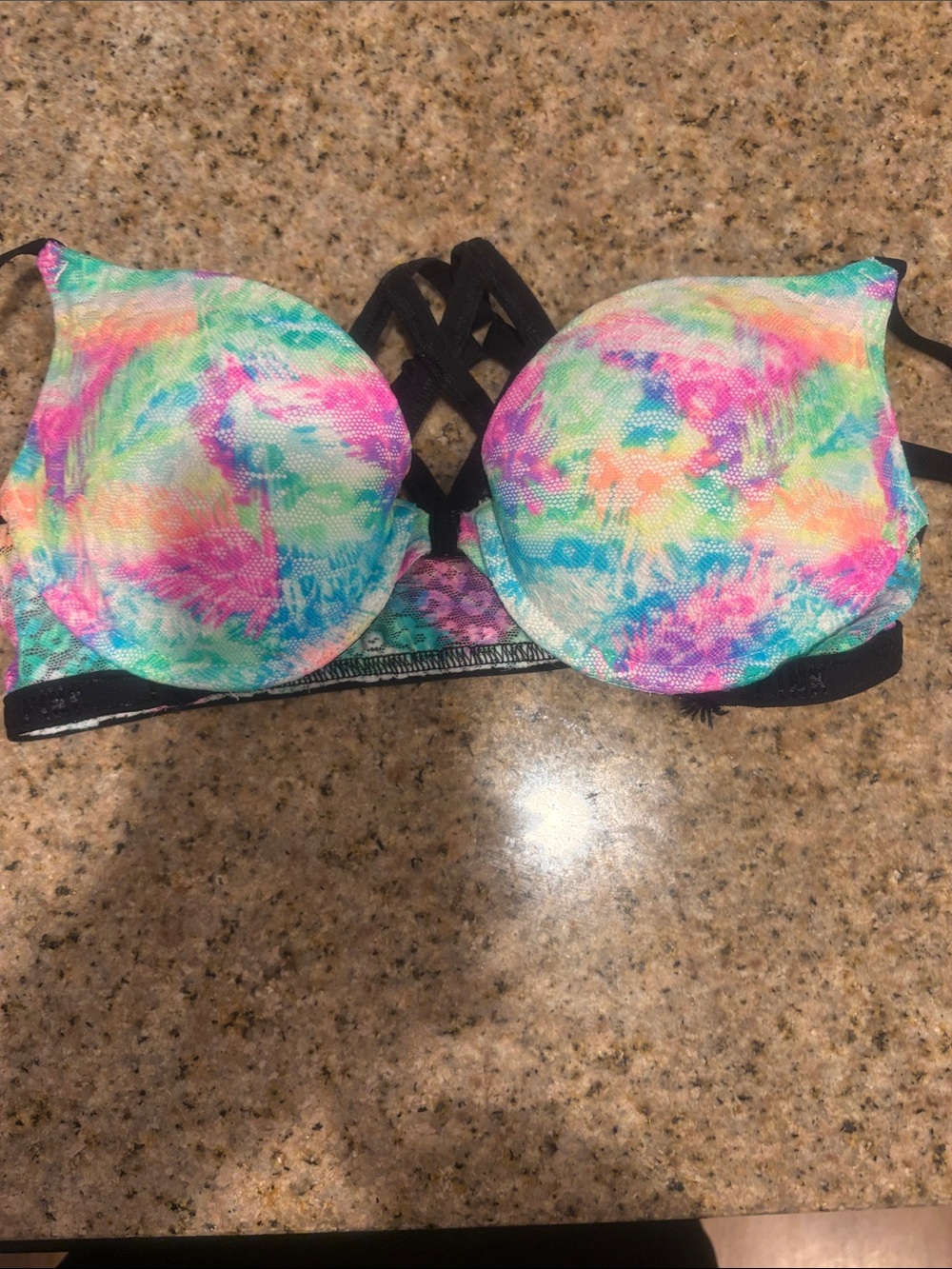 PINK Victoria's Secret Tie-Dye Push-Up Bra with Black Crisscross straps 34B